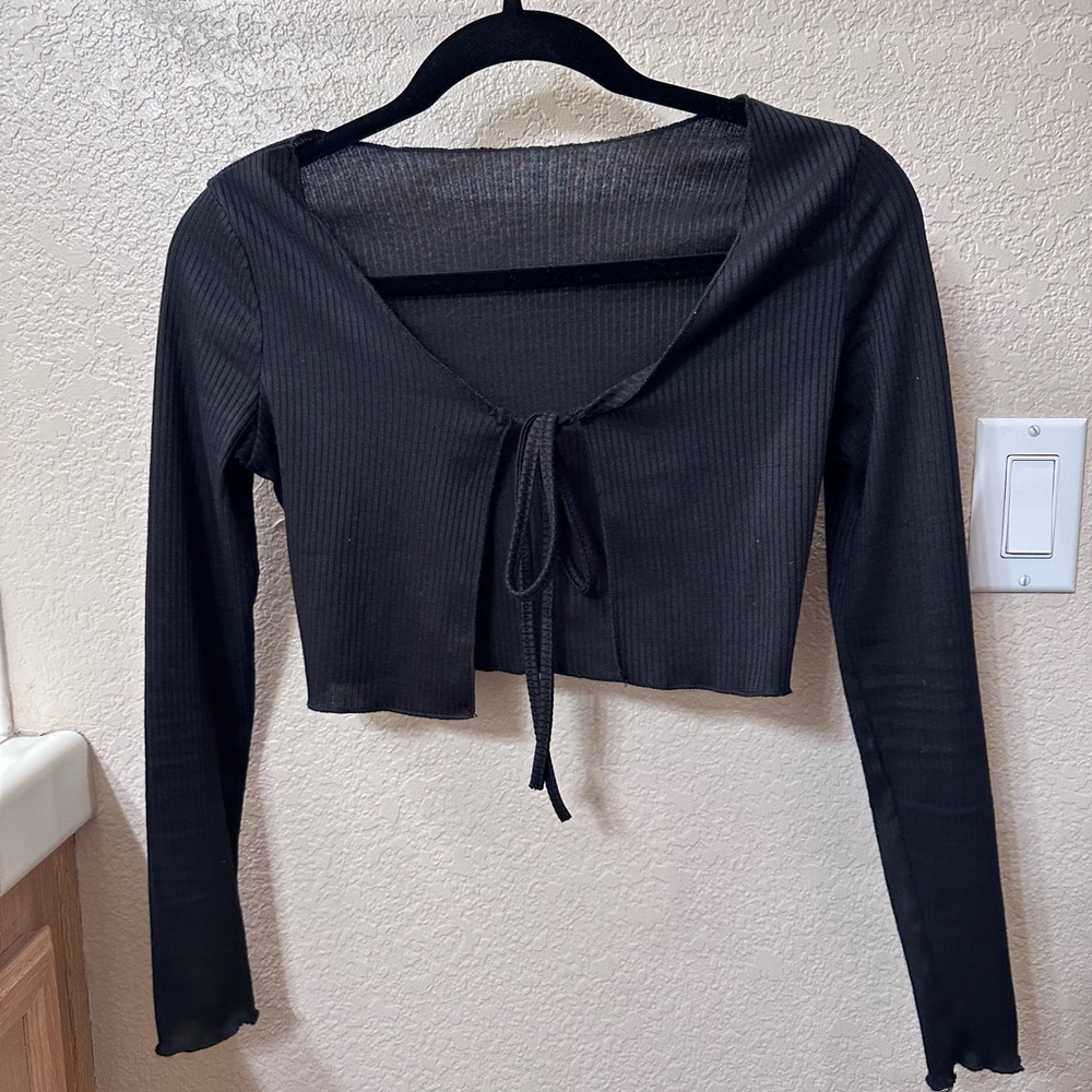 Black tie front long sleeve top